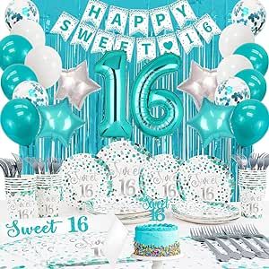 Sweet 16 Birthday Decorations- Teal Sweet 16 Plates and Napkins Party Supplies for 20 Guests,Teal Blue Balloons,Sweet 16 Birthday Sash and Caketopper,Turquoise Blue Metalic Curtains and Tablecover Teal Sweet 16, Balloons Sweet 16, Sweet 16 Sash, Sweet 16 Party Decorations, Sweet 16 Photos, 16th Birthday Decorations, 16 Balloons, Teal Decor, Sweet 16 Decorations