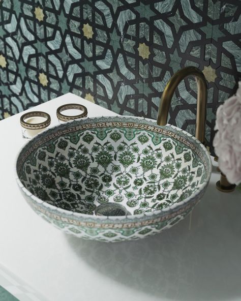 Modern Moroccan Bathroom, Moroccan Decor Bathroom, Moroccan Style Bathroom, Moroccan Inspired Bathroom, Bathroom Mosaic Tiles, Brick Bathroom, Moroccan Bath, Moroccan Bathroom, Moroccan Sink