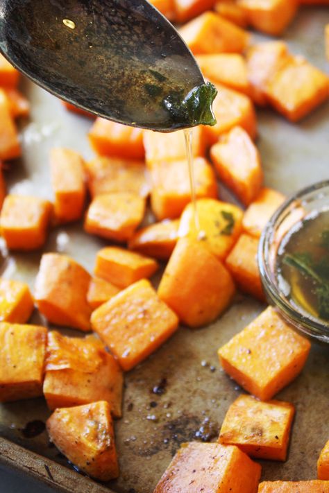 Brown Butter, Sage Roasted Sweet Potatoes - This easy, flavor packed, crowd pleasing side dish will be the star of your Thanksgiving spread! #glutenfree -- TheGarlicDiaries.com Sage Recipes, Sage Butter, Roasted Potatoes, Sweet Potato Recipes, Roasted Sweet Potatoes, Brown Butter, Potato Recipes, Vegetable Dishes, Family Dinner