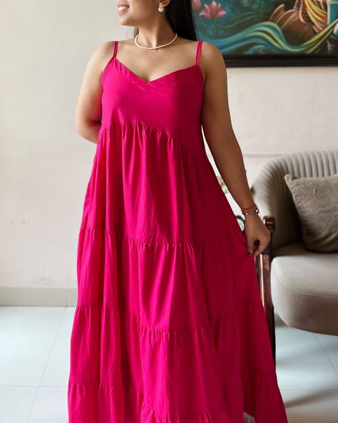 Beautiful four tiered Maxi Dress Colour: Magenta Pink Size: Free size Price: 699/- Dress Colour, Casual Day Outfits, Magenta Pink, Tiered Maxi Dress, Fashion Store, Free Size, Outfit Of The Day, Colorful Dresses, Maxi Dress