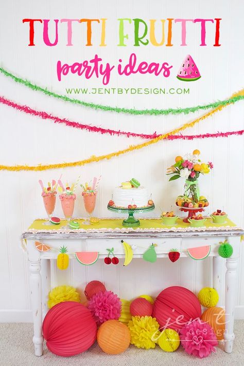 Tutti Frutti Party Ideas - JenTbyDesign.com Birthday Table Decoration Ideas, Tutti Fruitti Party, Twotti Fruitti, Tutti Fruity Party, Fruity Party, Ideas For Birthday Party, Twotti Fruity, Tutti Frutti Birthday Party, Tutti Frutti Party