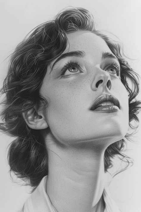 🎨💫Get Aesthetic Midjourney Prompts - Go to Link in my Bio🌐🔗 Woman Looking Up Drawing, Dark Hair And Light Eyes, Mouth Slightly Open, Woman With Dark Hair, Dark Hair Light Eyes, Detailed Portrait, Pencil Drawing Images, Female Face Drawing, Portrait References