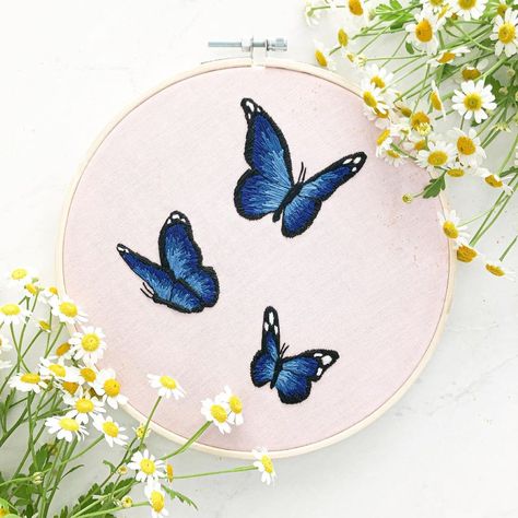 Blue Butterfly Embroidery, Butterfly Embroidery Designs, Blue Flower Embroidery, Embroidery Butterfly, Blue Morpho Butterfly, Morpho Butterfly, Blue Morpho, Embroidered Butterfly, Butterfly Embroidery