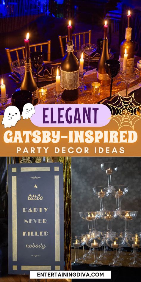 DIY Great Gatsby Decorations | New Years Eve Party Ideas Gold Party Decorations Diy, Great Gatsby Decorations, 20s Party Decorations, Gatsby Decorations, 1920 Party, Prohibition Party, Gatsby Birthday Party, Gatsby Gala, Gatsby Party Decorations