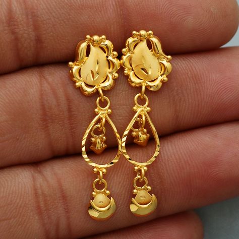 Plain Earrings, Teen Earrings, 22k Gold Earrings, Handmade Gold Jewellery, Earrings Indian, Yellow Gold Earrings, Indian Earrings, Long Dangle Earrings, Yellow Gold Earring