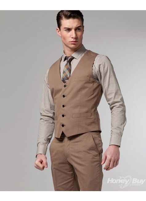 Dark khaki vest and pants, lighter khaki shirt, necktie.... With the pop of ivory tie for the groom!!! Brown Suit Vest, Engagement Outfit For Man, Brown Suits For Men, Mens Tux, Khaki Vest, Brown Suit, Custom Made Suits, Wedding Outfit Men, Mens Fashion Business