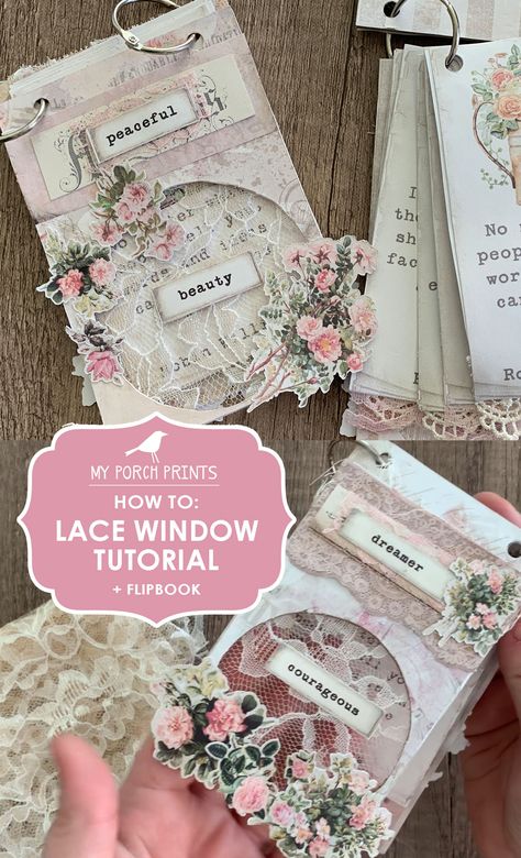 Junk Journal Cards with lace window tutorial Junk Journal Vellum Ideas, Junk Journal Cards Ideas, Junk Journal Ephemera Ideas, Junk Journal Tags Ideas, Junk Journals Ideas, Junk Journal Pockets And Tucks, Paper Flip Book, Junk Journal Tutorial, Lace Junk Journal