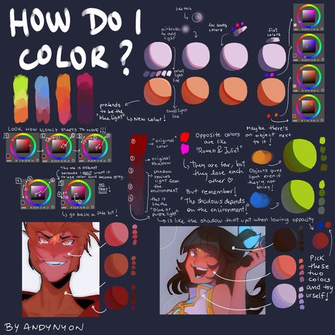 Color Theory Light And Shadow, Digital Art Coloring Process, Coloring Techniques Digital Art, Color Tips Drawing, Art Tutorials Color, Light Theory Drawing, Color Theory Reference, Digital Coloring Styles, Color Theory Illustration