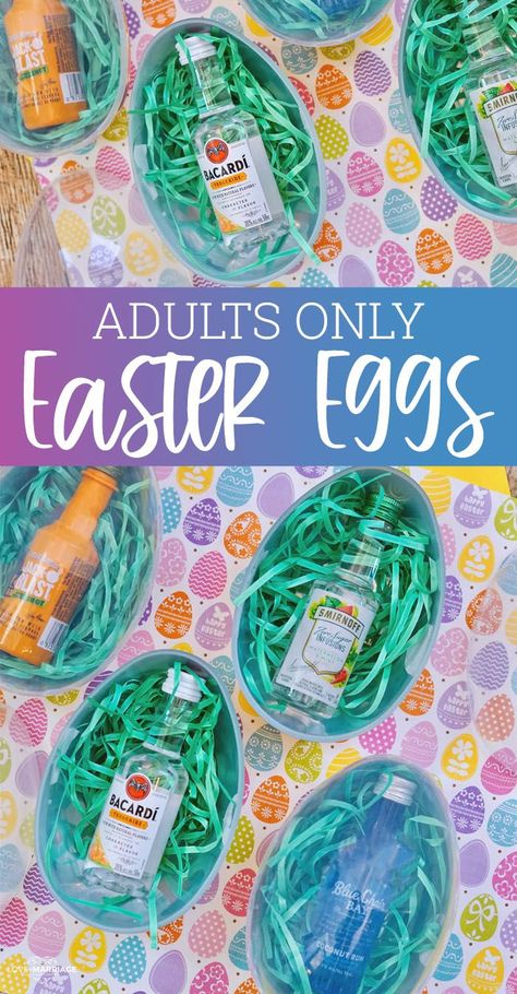 How to make these fun Adult Easter Eggs with Liquor - Adult Easter Egg Hunt #diy #easter #fun Adult Easter Eggs, Adult Easter Games, Bottles Of Liquor, Adult Easter Egg Hunt, Easter Egg Stuffers, Big Easter Eggs, Easter Egg Filling, Tiny Bottles, Liquor Gifts