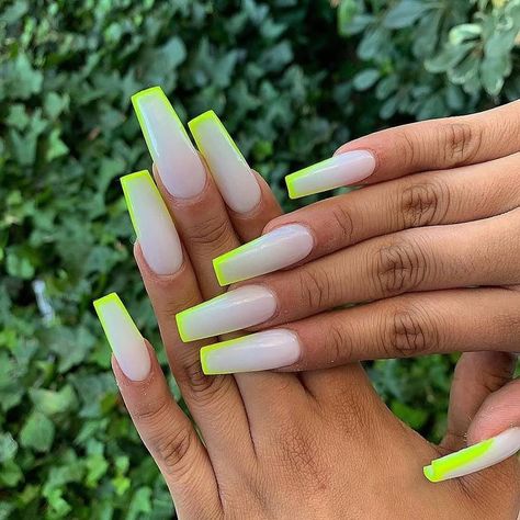 Neon Acrylic Nails, Neon Green Nails, Green Acrylic Nails, Milky Nails, Drip Nails, White Acrylic Nails, Long Acrylic Nails Coffin, Neon Nails, Square Acrylic Nails