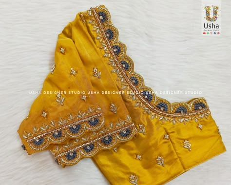 Bridal Aari Works by Usha Designer Studio Maggam Work Blouse Designs Latest 2023, Yellow Pattu Blouse Maggam Work Designs, New Maggam Work Blouse Designs 2023, Yellow Pattu Blouse Work Designs, Latest Embroidery Designs 2023, Latest Aari Work Blouse Designs 2023, Yellow Blouse Design Embroidery, Cut Work Designs Pattern, Latest Maggam Work Blouses 2023