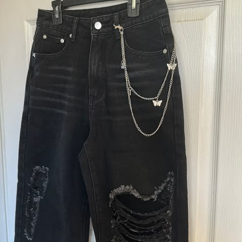 Cider Black Ripped Jeans Butterfly Chain Size: Small 100% Cotton New With Tags Pants Ripped Jeans, Dark Ripped Jeans, Jeans Butterfly, Ripped Black Jeans, Jeans With Chains, Baggy Ripped Jeans, Goth Pants, Jeans Chain, Black Distressed Jeans