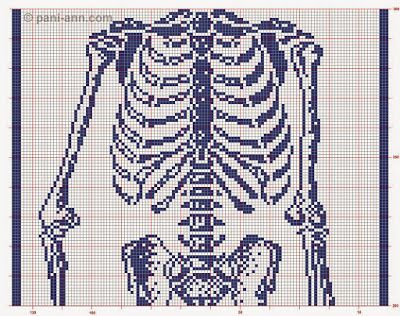 Crochet...Gotta Love It! Blog: Life size filet skeleton! - Contains the charts to make the life sized skeleton scarf/wrap thing! Cross Stitch Skull, Crochet Skull, Fillet Crochet, Pixel Crochet, Tapestry Crochet Patterns, Crochet Tapestry, Halloween Crochet, Diy Crochet Projects, Tapestry Crochet