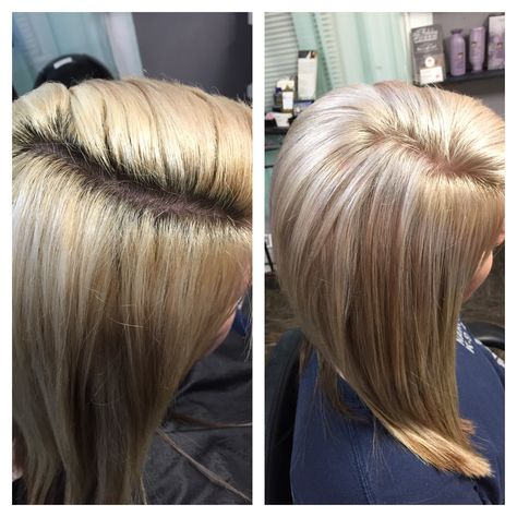 Before and after. Bright blonde root retouch. By Tayler Namanny Blonde Hair No Roots, Blonde Retouch Roots, Blonde Root Tap, Asymmetrical Short Hair, Highlight Root Touch Up, Brown Root Stretch To Blonde, Blonde Root Stretch, Root Retouch, Brunette Roots