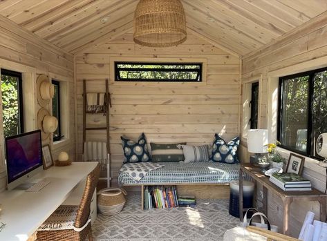 The image shows a gorgeous office/studio shed with amazing pine interior and black contrasting windows. Black She Shed, Black Aluminum Windows, Shed Office Interior, Outdoor Office Shed, Shed Office Ideas, She Shed Living, Shed Living, She Shed Decorating Ideas, Artist Shed