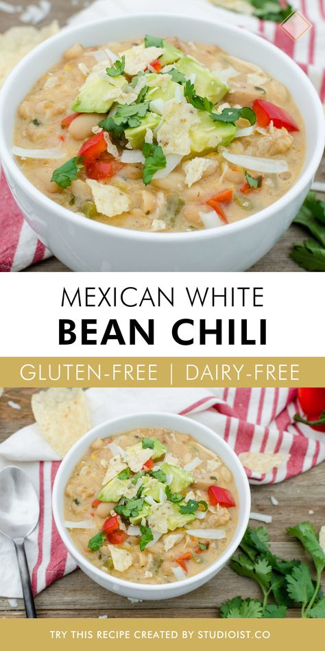 Chili Dairy Free, White Bean Chili Recipe, White Chicken Chili Recipe Crockpot, White Bean Chicken Chili, White Bean Chili, Crockpot White Chicken Chili, Bean Chili Recipe, White Chili Chicken Recipe, Crockpot Chili