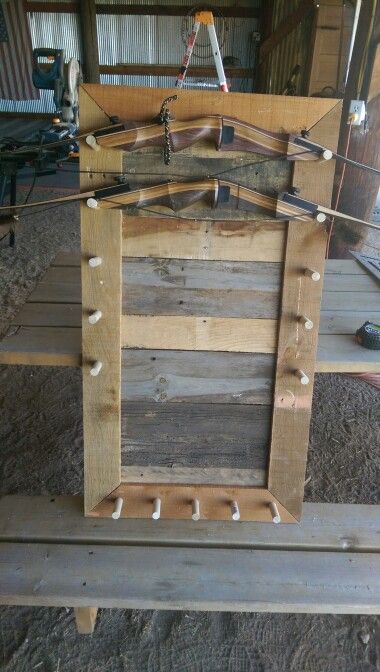 Pallet bow rack for my bows Archery Storage Bow Rack, Recurve Bow Rack, Bow Rack Archery Diy, Archery Storage, Field Archery, Hunting Home Decor, Bow Rack, Diy Bed Headboard, Bear Archery