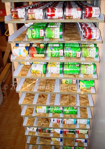 My homemade 1000+/- capacity can rotator | Homesteading Forum Canned Good Storage, Food Rotation, Food Storage Shelves, Cellar Ideas, Kitchen Planning, Canned Food Storage, Root Cellar, Canned Goods, Emergency Preparation