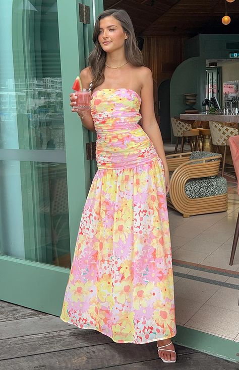 Sinclair Yellow Floral Print Strapless Maxi Dress Lunch Dress, Long Brunch Dress, Pastel Maxi Dress, Summer Birthday Dress, Wedding Guest Dress Floral, Floral Summer Dress, Green Strapless Sundress, Summer Wedding Guest Dress, Wedding Guest Dress Spring