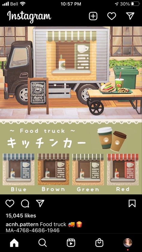 Acnh Cafe Stall, Acnh Coffee Truck Design, Acnh Coffee Shop Design Code, Acnh Building Design Code, Acnh Surf Shop Design Code, Acnh Food Truck Ideas, Acnh Cafe Codes, Animal Crossing Coffee Truck, Acnh Food Stall Design