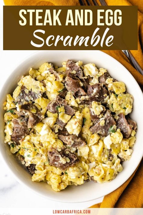 Need a new recipe for your leftover steak? This easy steak and eggs scramble recipe is all you need for a filling nutritious breakfast or brunch! #lowcarb #lowcarbrecipe #ketorecipe #ketodiet #lchf #paleo #easydinner #easyketodinner | LowCarbAfrica.com Leftover Steak Breakfast, Steak N Eggs Breakfast, Steak And Eggs Meal Prep, Leftover Steak Breakfast Ideas, Leftover Steak And Eggs, Leftover Steak Recipes Breakfast, Steak And Scrambled Eggs, Steak And Eggs Breakfast Scramble, Breakfast Steak Recipes