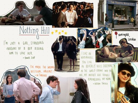 Film board for Notting Hill Notting Hill Movie Aesthetic Wallpaper, Notting Hill Poster, Notting Hill Aesthetic, Fandom Bedroom, Notting Hill Movie, Nothing Hill, Notting Hill Quotes, Bulletin Journal, Film Journal