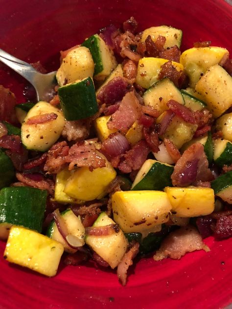 Yellow Squash And Bacon Recipes, Summer Squash Stir Fry, Bacon Zucchini, Sauteed Squash, Bacon Dishes, Thanksgiving 2023, Squash Pasta, Bacon Potato, Bacon Brussel Sprouts