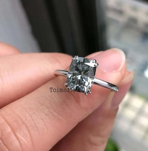 Grey Moissanite Engagement Ring, Grey Moissanite, Gray Moissanite, Grey Diamond Ring, Ring Hidden Halo, Halo Wedding Ring, Box Wrapping, Elongated Cushion Cut, Cushion Cut Diamond Ring