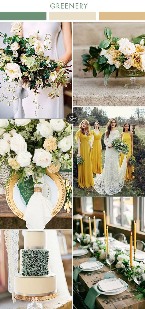 mustard yellow and greenery wedding colors Gold Wedding Centerpieces, Green Wedding Bouquet, Wedding Color Scheme, Pub Wedding, Gold Wedding Colors, Wedding Color Combos, Spring Yellow, Emerald Green Weddings, Green Wedding Colors