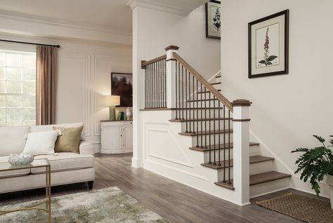 Palermo features traditional twist and basket balusters. Pictured here with 3101 and 3102 balusters in the Ash Gray finish. Black Stair Railing, Diy Stairs Makeover, Stair Railing Makeover, Interior Stair Railing, Stair Balusters, Parts Of Stairs, Iron Stair Railing, Beautiful Stairs, Double Twist