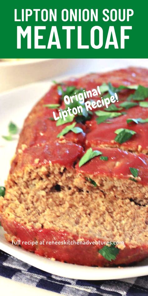 Lipton Onion Soup Meatloaf by Renee's Kitchen Adventures. The original recipe for the retro meatloaf using Lipton Onion soup mix. Just like mom used to make! Meatloaf Onion Soup Mix Recipes, Meatloaf Using Lipton Onion Soup, Meatloaf Recipes With French Onion Soup, Onion Soup Mix Meatloaf Recipes, Meatloaf Recipes With Onion Soup Mix Lipton, Meatloaf Recipes Onion Soup, Meatloaf Recipes With Lipton Onion Soup, Meatloaf Onion Soup Mix Lipton, Meatloaf Mix Recipes