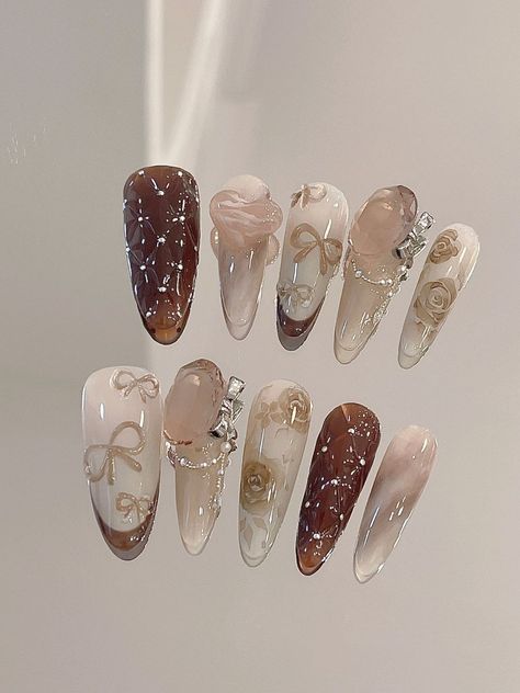 Brown Kawaii Nails, Press On Nails Brown, Kawaii Autumn Nails, Brown Press On Nail Designs, Brown Korean, Passion Nails, Korean Nail Designs, Press On Nails Gyaru, Korean Nail