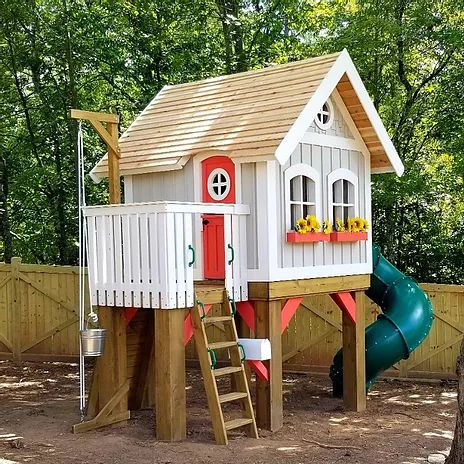 Kids Garden Play, Outdoor Forts, Custom Playhouse, Backyard Fort, Outdoor Play Structures, Playhouse Plans, Play Structures, Backyard Playhouse, Build A Playhouse