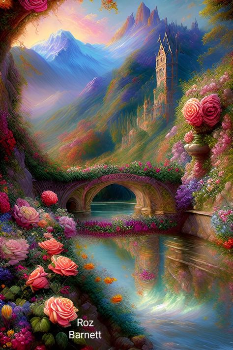 River Fantasy Art, Magical River, Fantasy Rocky Landscape, River Castle Fantasy Art, Stone Bridge Over River, Cozy Cottage, Fantasy Landscape, Cool Photos, Castle