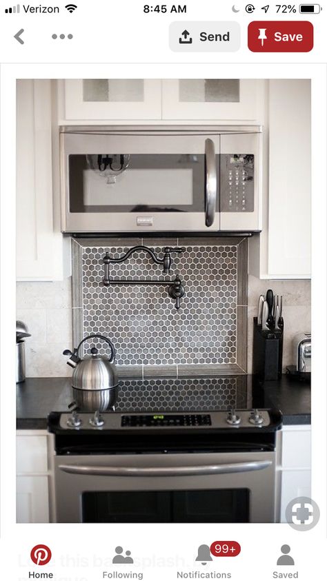 Backsplash Behind Stove With Microwave, Over Stove Faucet, Pot Filler With Microwave Above, Pot Filler Under Microwave, Faucet Over Stove Pot Filler, Stove Faucet Pot Filler, Faucet Over Stove, Townhouse Remodel, Stove Ideas