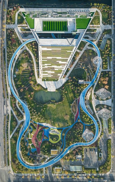 A high-standard modern sports complex integrating cultural center and sports activity center Masterplan Architecture, Landscape Architecture Plan, Urban Landscape Design, Sport Park, Construction Area, Park Landscape, Urban Park, Landscape Architecture Design, Sports Complex