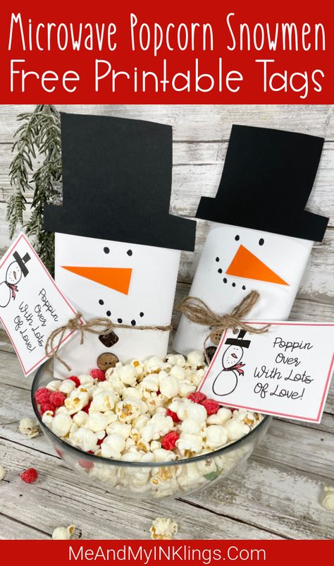 Dollar Store Crafts For Kids, Popcorn Crafts, Free Printable Snowman, Popcorn Gifts, Snowman Printable, Printable Snowman, Popcorn Gift, Free Printable Tags, Microwave Popcorn