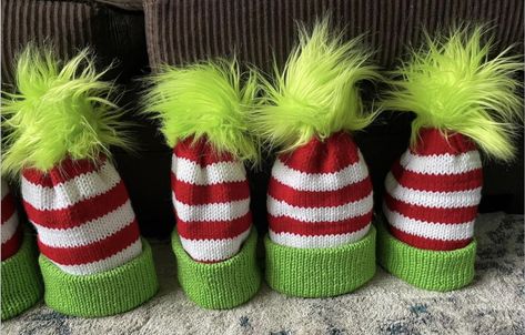 Loom Knitting Hats For Beginners, Knitting Machine Christmas Projects, Knitting Machine Grinch Hat, Addi Machine Projects, Grinch Hat Knitting Machine, Knitted Grinch Hat Pattern, Grinch Hat Knitting Pattern, Grinch Beanie Knitting Machine, Loom Knit Grinch Hat