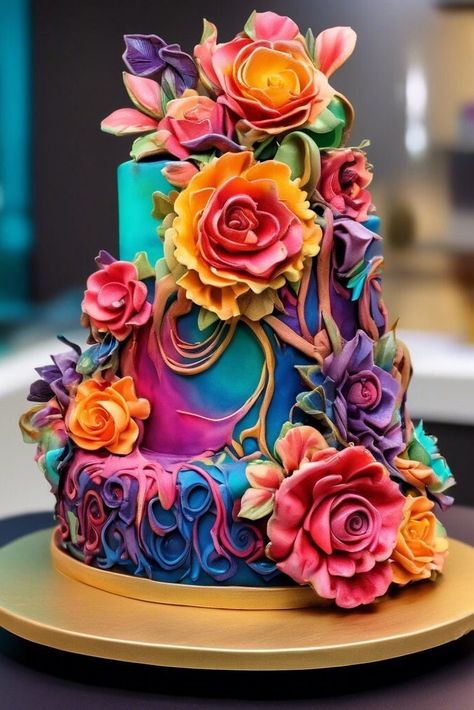 Beautiful cake Simple Beautiful Wedding Cakes, Meringue Cake Decoration, Fun Birthday Cakes For Women, Colorful Cakes Birthday, 80th Bday Cake, 37 Birthday Cake, Purple And Yellow Cake, Flower Cakes Birthday, Two Tier Cake Designs