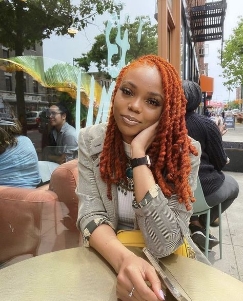 Copper Blonde Dreadlocks, Multi Color Locs, Loc Hair Color Ideas, Colored Microlocs, Loc Color Ideas, Loc Styles Women, Loc Color Ideas Black Women, Colored Locs Black Women, Cute Loc Styles For Women