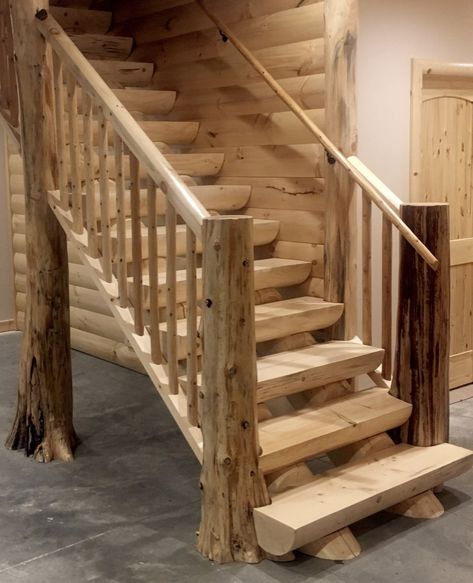 Log Staircase, Log Stairs, Cabin Stairs, Rustic Staircase, Stairs Railing, Stair Posts, Log Planter, Stair Makeover, Lodge House