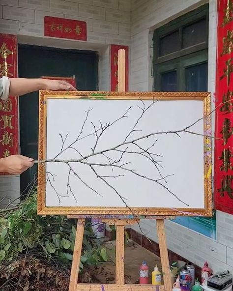 Viral Art 🎨 on Instagram: "A creative artist employs branches to paint on canvas, producing distinctive and organic patterns. By applying paint to natural branches and striking them against the canvas, he captures the essence of nature. Each stroke reflects the unique shapes of the branches, resulting in a dynamic interplay of colors and forms.  This technique honors the beauty of nature and emphasizes the connection between the natural world and human creativity. The artist’s work, showcased in galleries and exhibitions, stands out for its originality and thought-provoking approach, reminding viewers of the intricate link between humanity and the environment.  Artist: 1) 46101871539 / 新一（苦海修士）on Douyin 2) QZF5209420 / 钱忠飞画 on Douyin" Diy Large Wall Art, Natural Branches, Organic Patterns, Unique Shapes, Organic Pattern, Paint On Canvas, Large Wall Art, Natural World, Thought Provoking