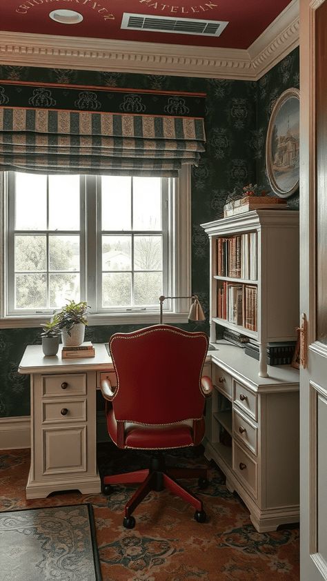 Transform your workspace with Victorian-style details, including intricate woodwork, antique desks, and opulent fabrics. Desk Chair Vintage, Victorian Study Aesthetic, Victorian Style Office, Victorian Home Office, Feminine Home Office Classy, Dark Home Office, Intricate Woodwork, Victorian Study, Victorian Office