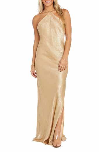 HOUSE OF CB Selia Metallic Semisheer Gown | Nordstrom Shimmery Gown, Gold Long Dress, Gold Formal Dress, Junior Formal Dresses, Gown Gold, Shimmery Dress, Gold Bridesmaid Dresses, Gold Gown, Sequin Halter