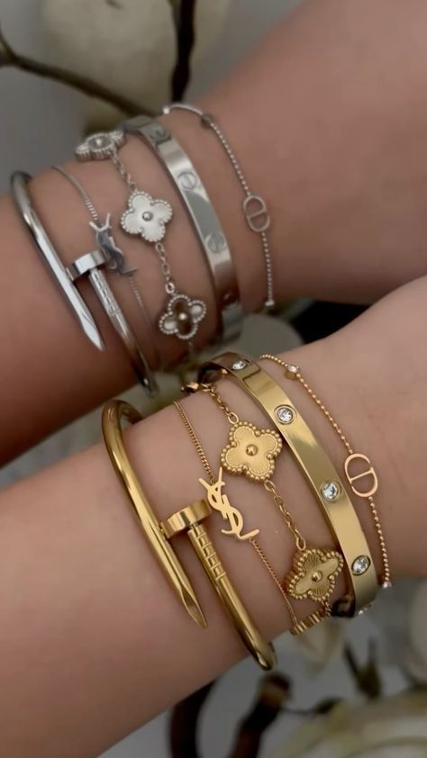 Gold Jewelry Cartier, Ysl Gold Bracelet, Vancleefarpels Bracelet Silver, Silver And Gold Bracelets, Ysl Bracelet Gold, Bracelet Inspo Gold, Dior Bracelet Stack, Ysl Bracelet Silver, Bracelet Stack Cartier