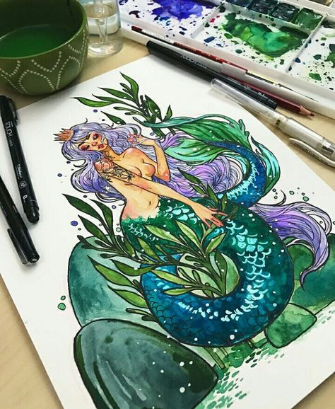 Jacqueline Deleon, Jacquelin Deleon, Mermaid Things, Amazing Drawings, Mermaid Art, Creative Drawing, Watercolor And Ink, Student Art, In My Life