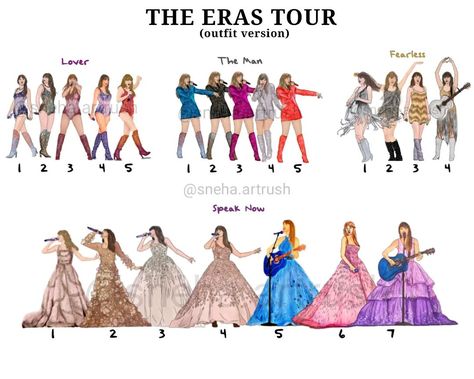 All Eras Tour outfits for the Eras Tour lineups 🤍,Choose your favorites 💗 I didn't include 22 tshirts and anti-hero tshirts as they're nit added to the lineups yet 💗 The lineup is up on my shop (or dm me)🤍 #taylorswift #tstheerastour #erastour #erastouroutfit #lisbontstheerastour #madridtstheerastour #pariststheerastour #swifties #swiftiesmerch #taylorswiftart #erastourtaylorswift All The Eras Tour Outfits, All Eras Tour Outfit, Taylor Clothes, Taylor Swift Profile, Eras Fits, Eras Tour Outfits, Eras Outfits, Era Tour, Taylor Outfits