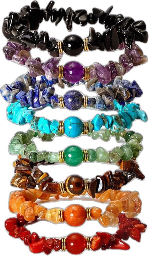 Chakra Crystal Bracelet, Chip Bracelet Ideas, Natural Stone Bracelets For Women, Stone Chip Jewelry Diy, Crystal Chips Jewelry, Stone Bracelet Ideas Gemstones, Seven Chakra Bracelet, Natural Gemstone Bracelets, Diy Stone Bracelets