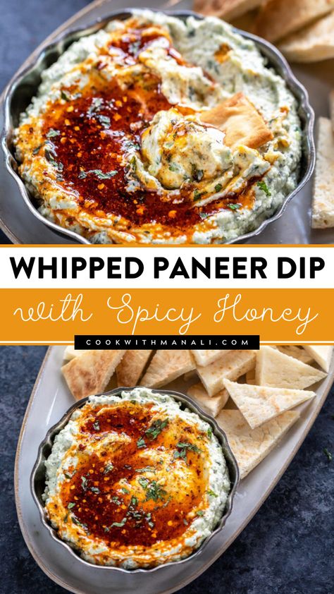 Whipped Paneer Dip, Best Spreads For Bread, Indian Cheese Paneer Recipes, Indian Dinner Vegetarian, Naan Bread Dipping Sauce, Fusion Indian Appetizers, Naan Dipping Sauces, Veg Dips For Parties, Indian Dips For Poppadoms