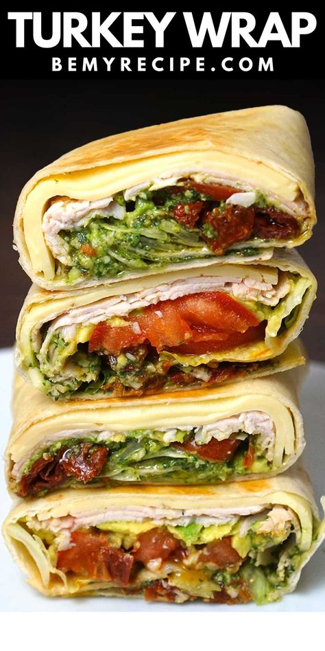 Turkey Wrap with Avocado, Pesto, and Sun-Dried Tomatoes Tortilla Wrap Recipes, Eggplant Feta, Feta Wrap, Turkey Wrap Recipes, Sundried Tomato Recipes, Avocado And Spinach, Pesto Wrap, Turkey Wrap, Breakfast Wrap